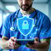 Medical professional using connected health monitoring device with cybersecurity shield overlay representing EN 18031-2 compliance