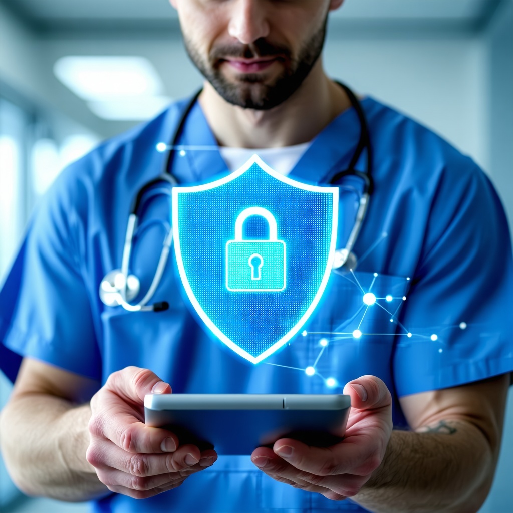 Medical professional using connected health monitoring device with cybersecurity shield overlay representing EN 18031-2 compliance